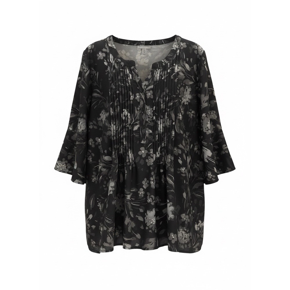 Catherines Floral Pintuck Blouse Black Grey 3/4 Bell Sleeve Top 1XWP Petite
